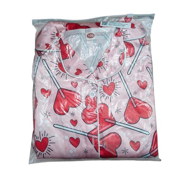 Satin Pink Heart Lollipop Printed Pajama Set Feather Cuffs Girl Kids 150 - Picture 1 of 4
